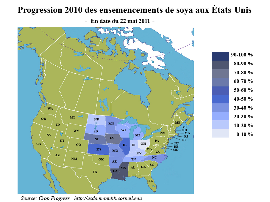 Progression des semis US de soya au 22 mai 2011